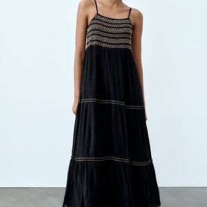 Zara black + beige EMBROIDERED MIDI DRESS size small spaghetti strap NWT